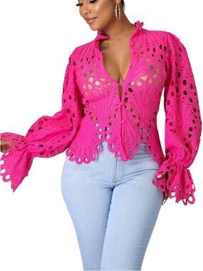 🆕Women’s Rose Pink Lace Ruffle Puff Long Sleeve Button Down Tops Flare Tunic